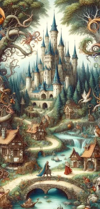 Fairytale castle with enchanted forest scene.