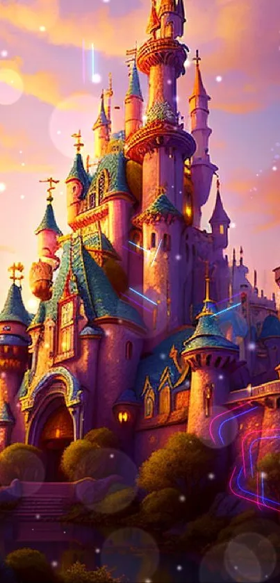 Enchanted castle with sunset sky, mobile wallpaper.