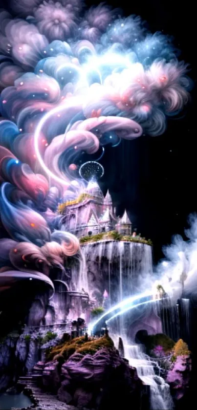 Mystical castle with swirling clouds and waterfalls in fantasy art style.