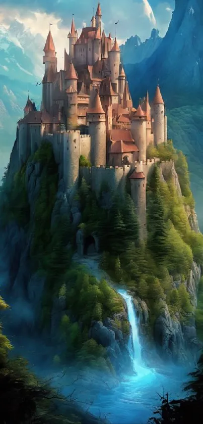 Fantasy castle atop misty mountain with waterfall.