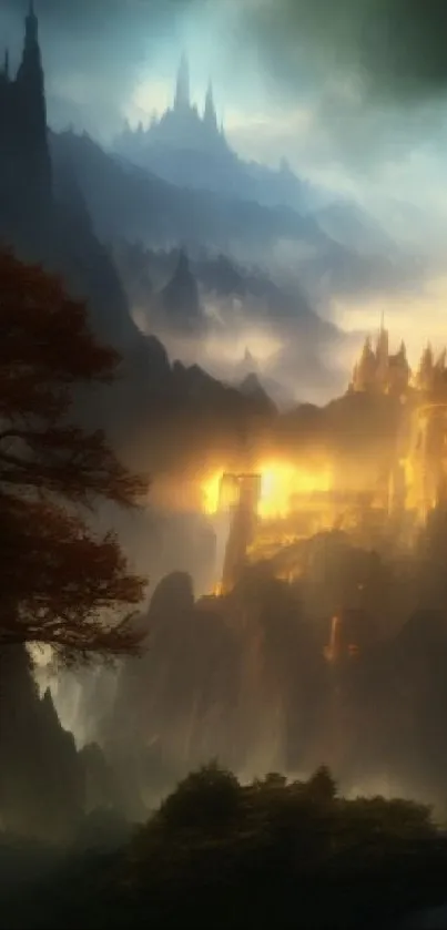 Mystical castle in a fantasy mountain landscape with golden lights and dark shadows.