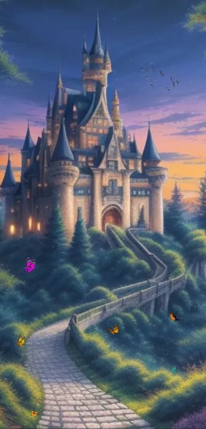 Enchanting castle set in a mystical, colorful landscape at dusk.