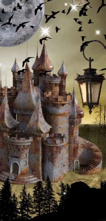 Fantasy castle under moon with birds and lamp in mystical setting.