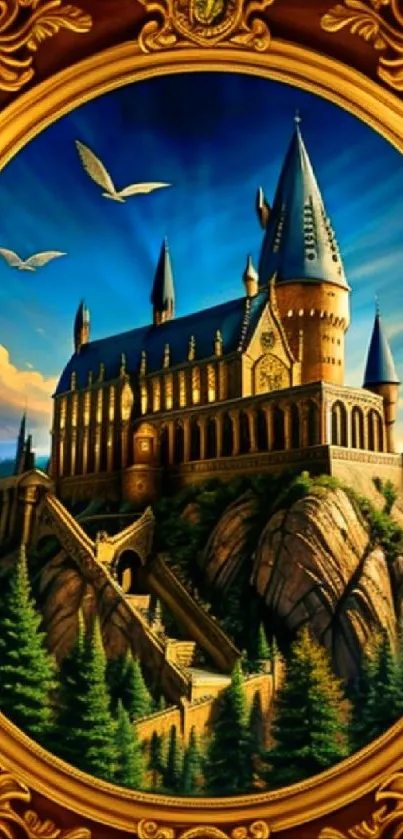 Mystical castle perched on rocky cliffs with a dramatic sky.