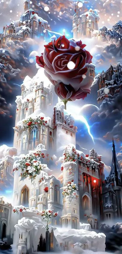 Enchanted castle with floating rose in cloudy sky, fantasy wallpaper.