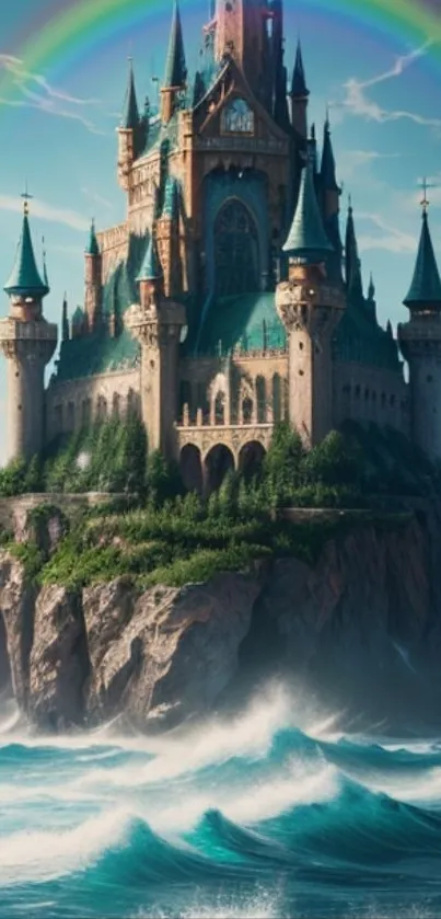Enchanted castle on island with rainbow and ocean waves.