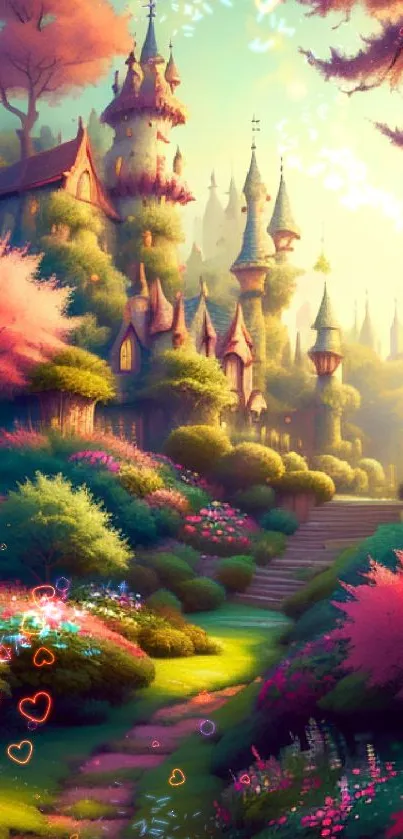 Enchanted castle amidst colorful, lush foliage in a dreamy fantasy setting.