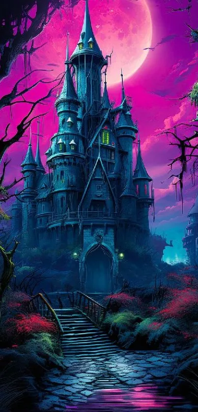 Magical castle under a vivid magenta moon in fantasy art.