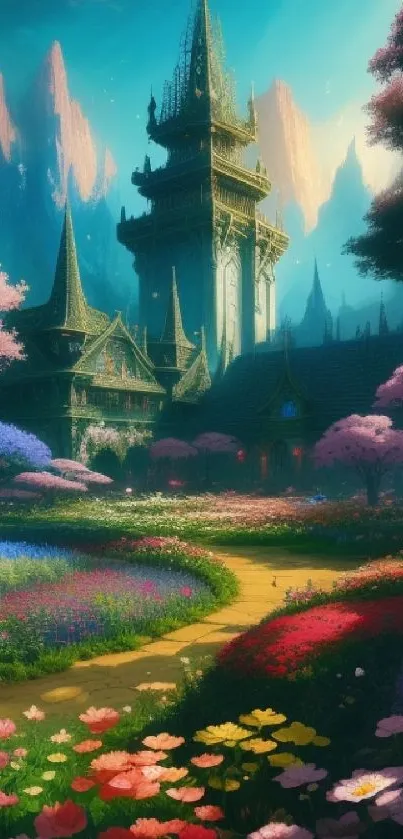 Magical castle with vibrant garden and serene sky.