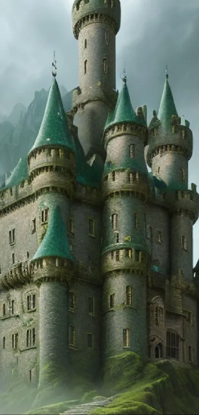 Enchanted castle with lush greenery in a misty landscape.