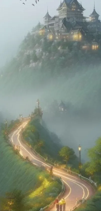 A magical castle overlooks misty winding road.