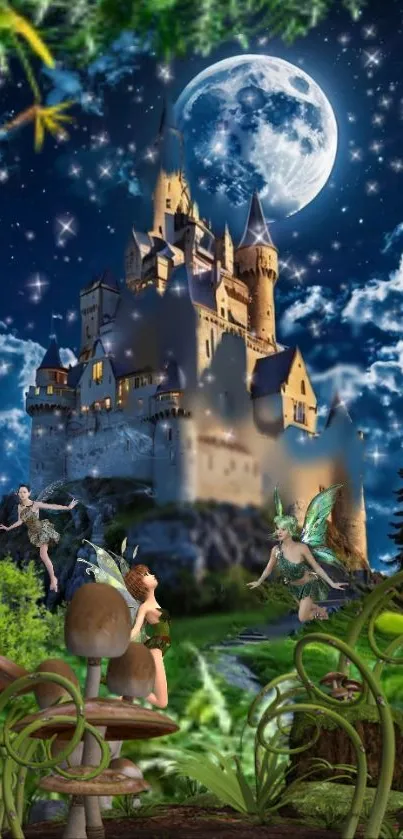 A mystical castle under a starry night with fairies and glowing mushrooms.