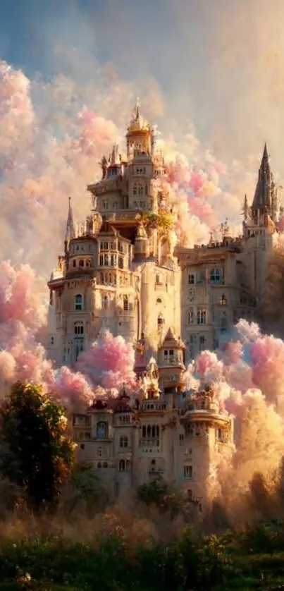 Enchanting castle surrounded by pink clouds, creating a dreamy mobile wallpaper.