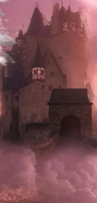 Ethereal castle enveloped in pink mist at dusk.