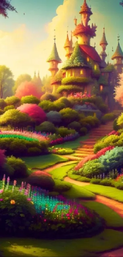 Enchanted castle surrounded by vibrant spring garden with flowers and greenery.