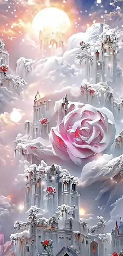 Fantasy castle in clouds with roses.