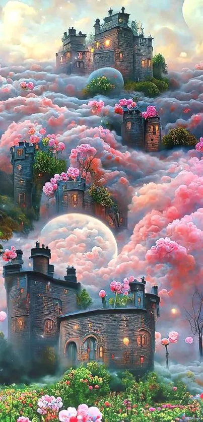 Enchanted castle surrounded by pink clouds and blooming roses.