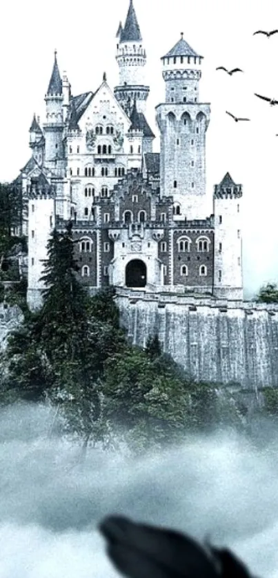 Misty medieval castle with flying birds.