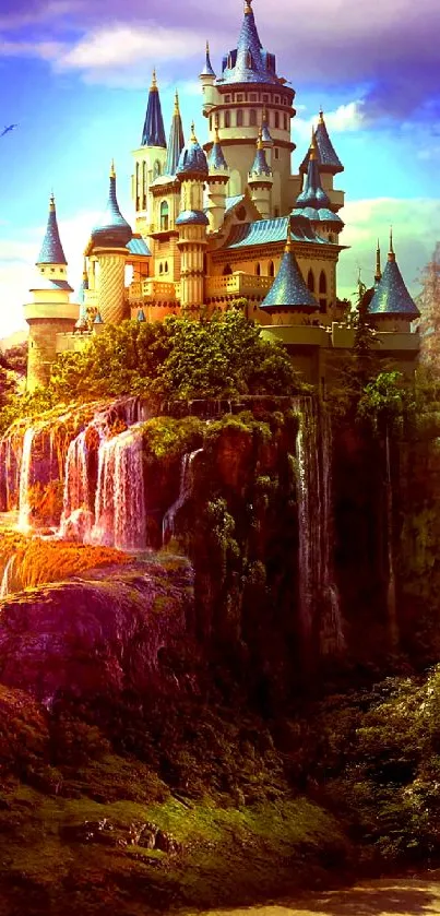 Enchanted castle on a colorful landscape with vibrant skies.