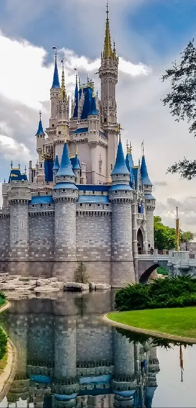 Enchanted castle with blue towers reflecting on water under a cloudy sky.