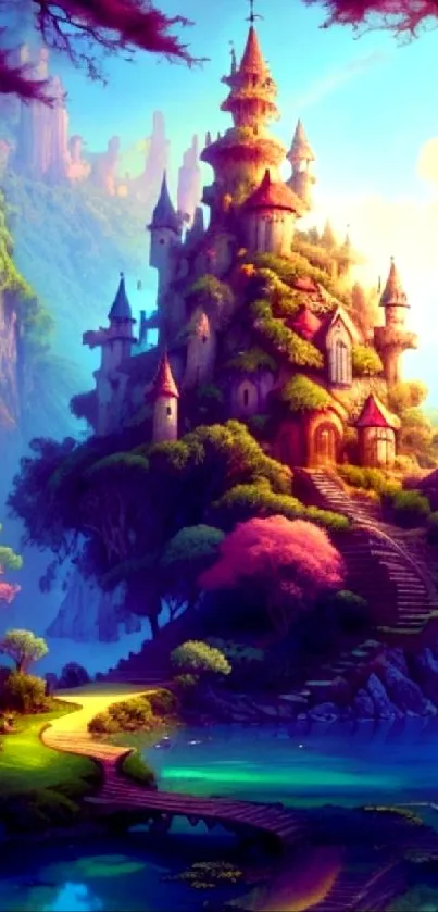 Enchanting castle with vibrant colors in a mystical landscape wallpaper.