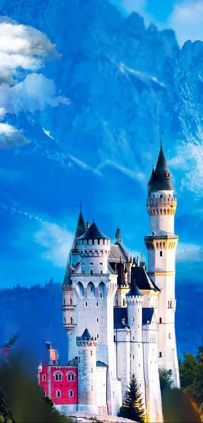 Enchanting castle set against majestic mountains and clear blue skies.