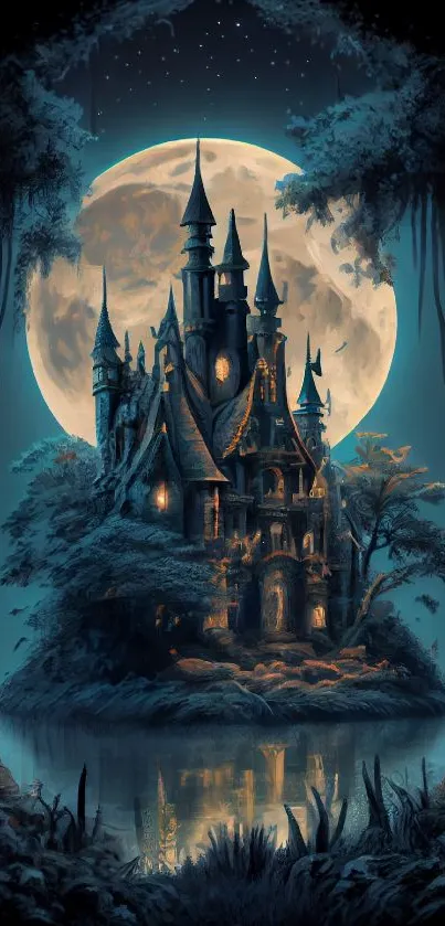 Moonlit enchanted castle with reflection on water.