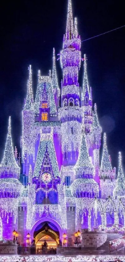 Illuminated purple castle under a starlit sky at night.