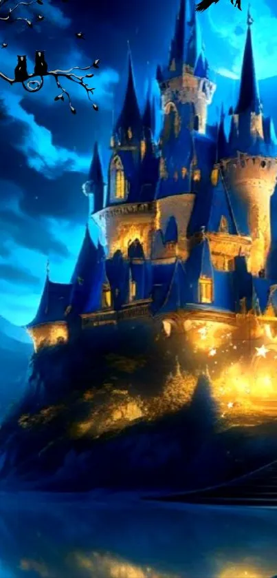 A magical blue castle under a starry night sky, perfect for mobile wallpaper.