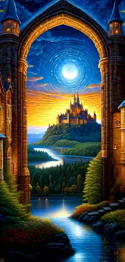 Enchanted castle under a starry sky with a glowing moon.