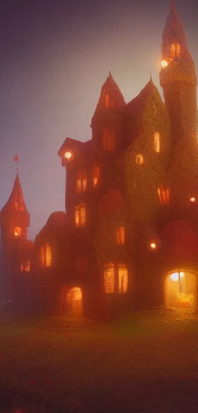 Enchanted glowing castle against a moody night sky, perfect for fantasy lovers.