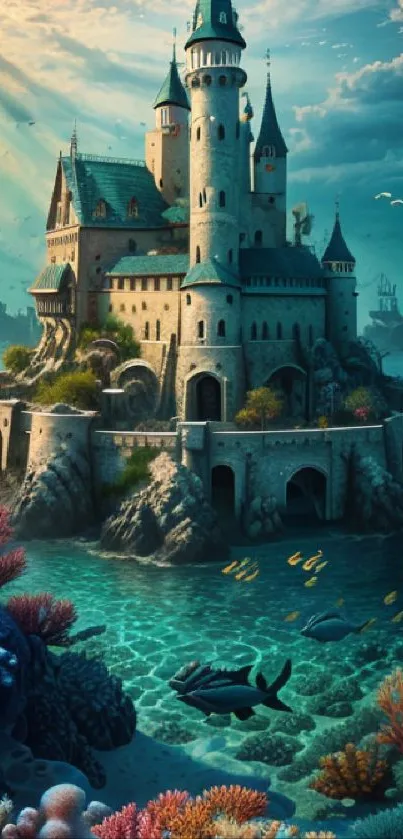 Enchanted castle with coral reef and fish in a vibrant ocean scene.