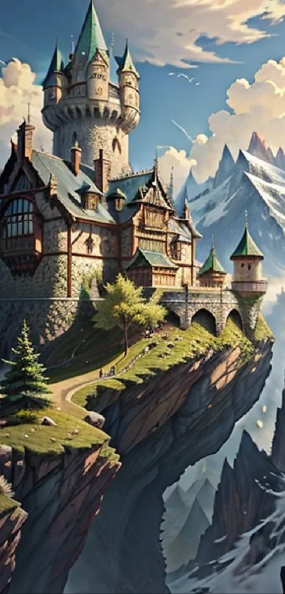 A magical castle perched on a cliff with mountains in the background.