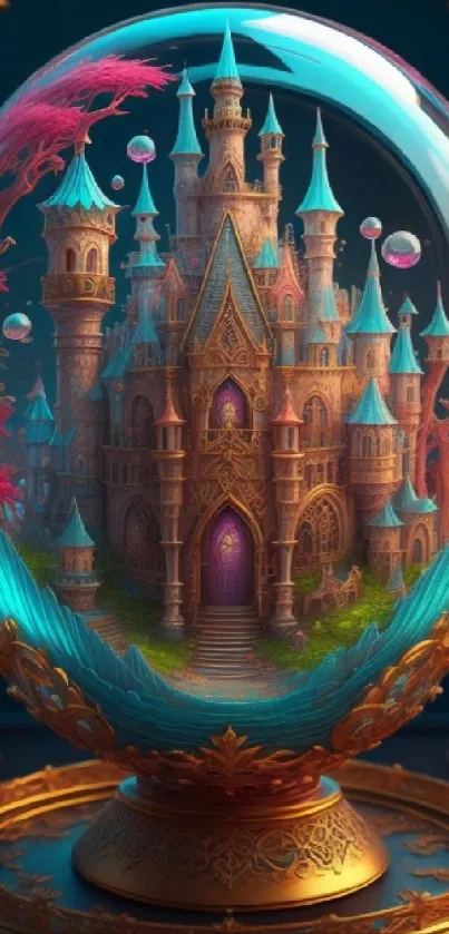 Enchanted castle inside a glass globe with vibrant teal and pink hues.