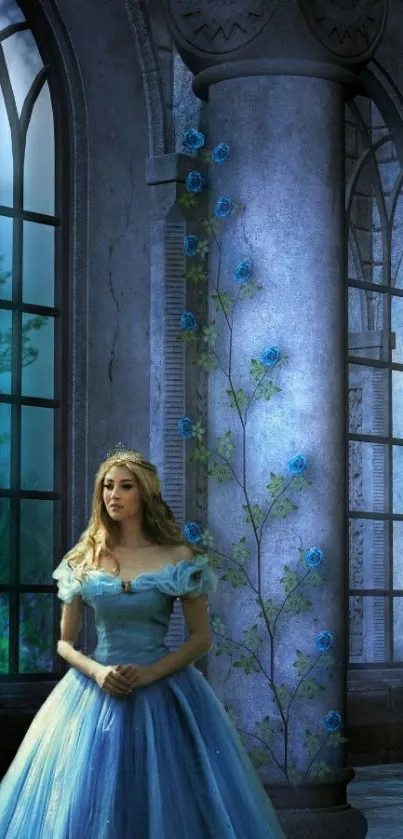 Princess in blue gown in a castle with flowers on columns.