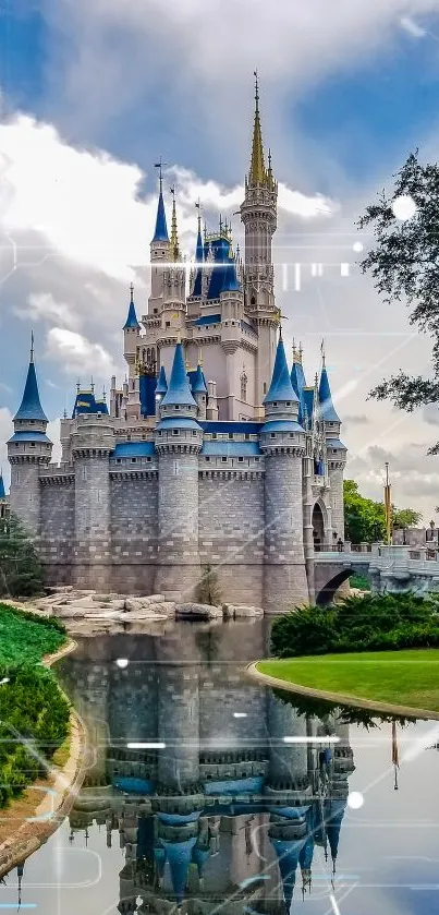 Enchanted castle reflected in calm water under a blue sky.