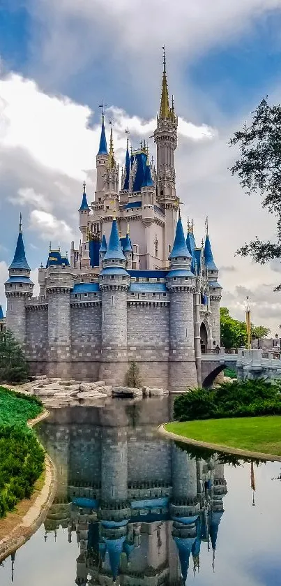 Enchanting castle reflecting in water with a blue sky background.