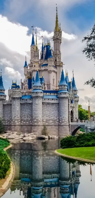 Enchanted castle with water reflection and cloudy sky.