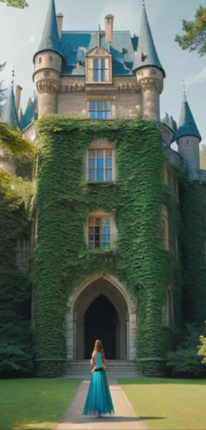 Woman in blue dress approaches ivy-covered castle entrance.