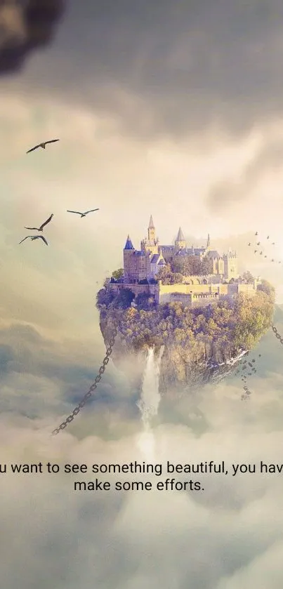 Floating castle in the sky with clouds and birds.