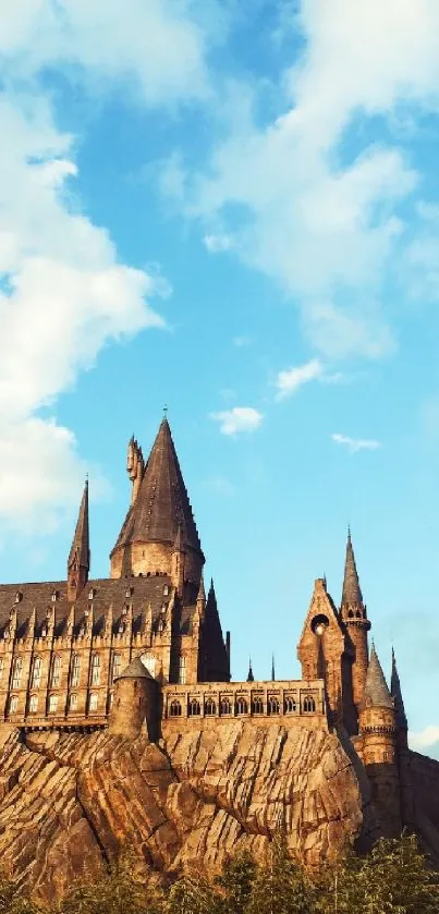 Majestic enchanted castle under a bright blue sky.