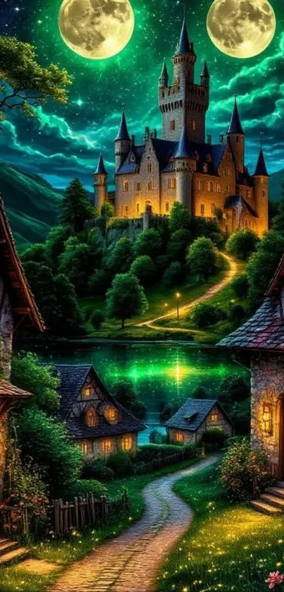 Enchanted castle overlooking a quaint village under a glowing moonlit night.
