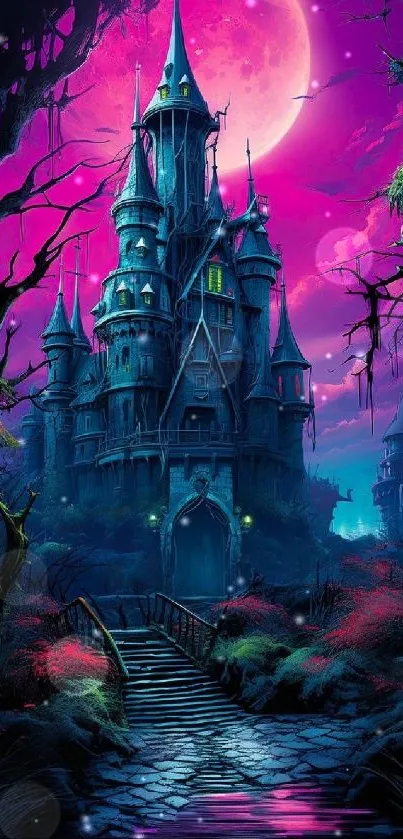 Enchanted castle under a pink moon.