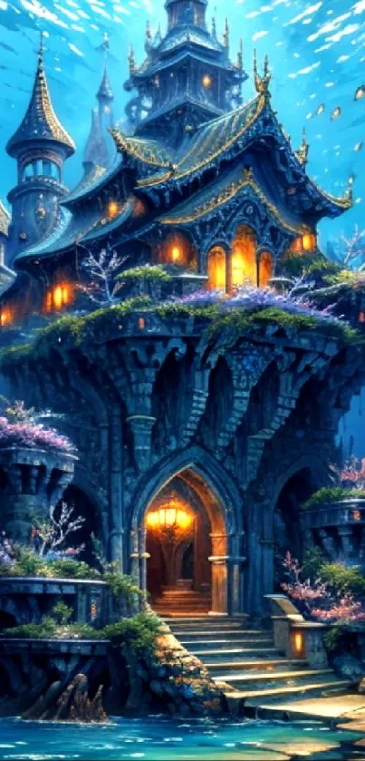 Enchanted fantasy castle under the sea with glowing windows and azure waters.