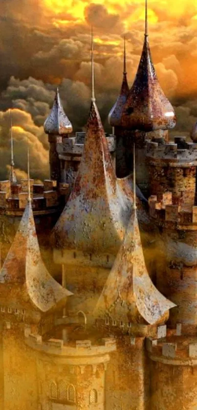 Majestic castle rises through golden clouds in fantasy wallpaper.