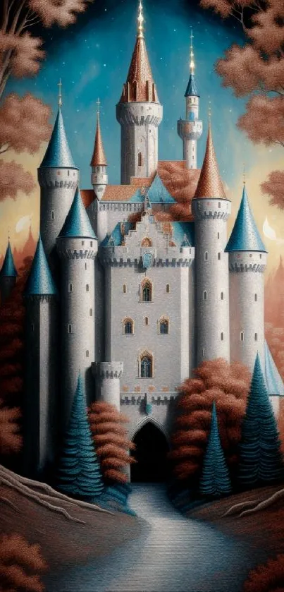 Enchanting medieval castle with spires in a magical forest setting under a dreamy sky.