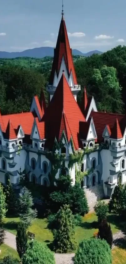 Enchanted castle with red roofs amidst lush greenery.