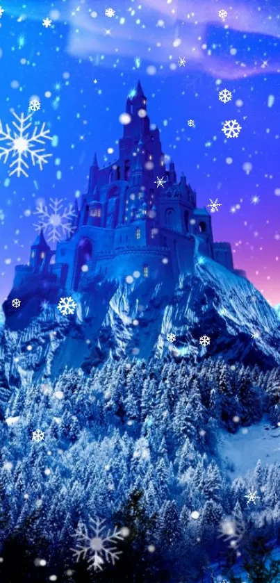Enchanted castle with snowy night sky and stars in a magical winter scene.
