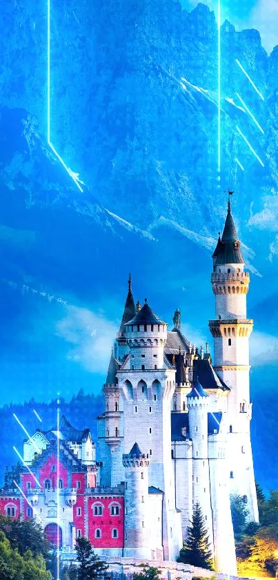 Fantasy castle with mountains and blue sky wallpaper.