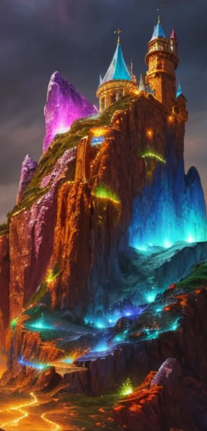 A mystical castle atop a colorful glowing mountain, perfect for a fantasy wallpaper.